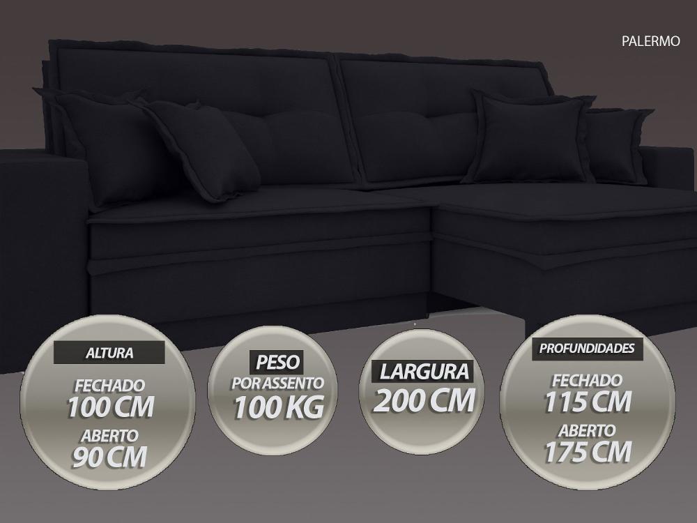 Sofá Palermo 2,00m Retrátil e Reclinável Velosuede Preto - NETSOFAS