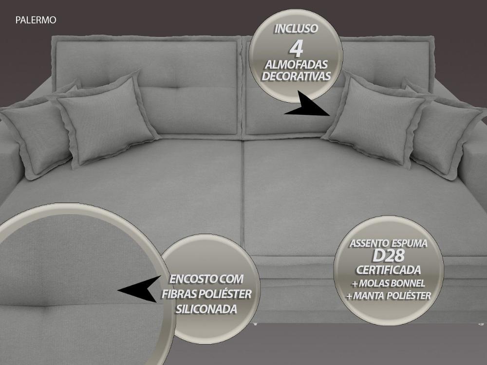 Sofá Palermo 2,20m Retrátil e Reclinável Velosuede Grafite - NETSOFAS