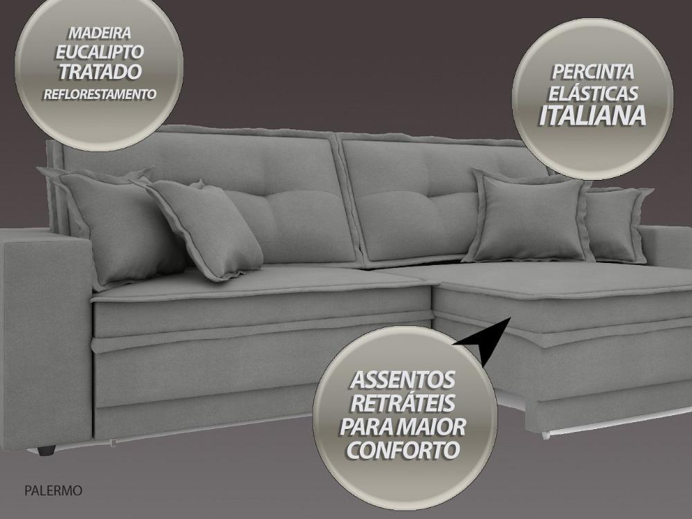Sofá Palermo 2,20m Retrátil e Reclinável Velosuede Grafite - NETSOFAS
