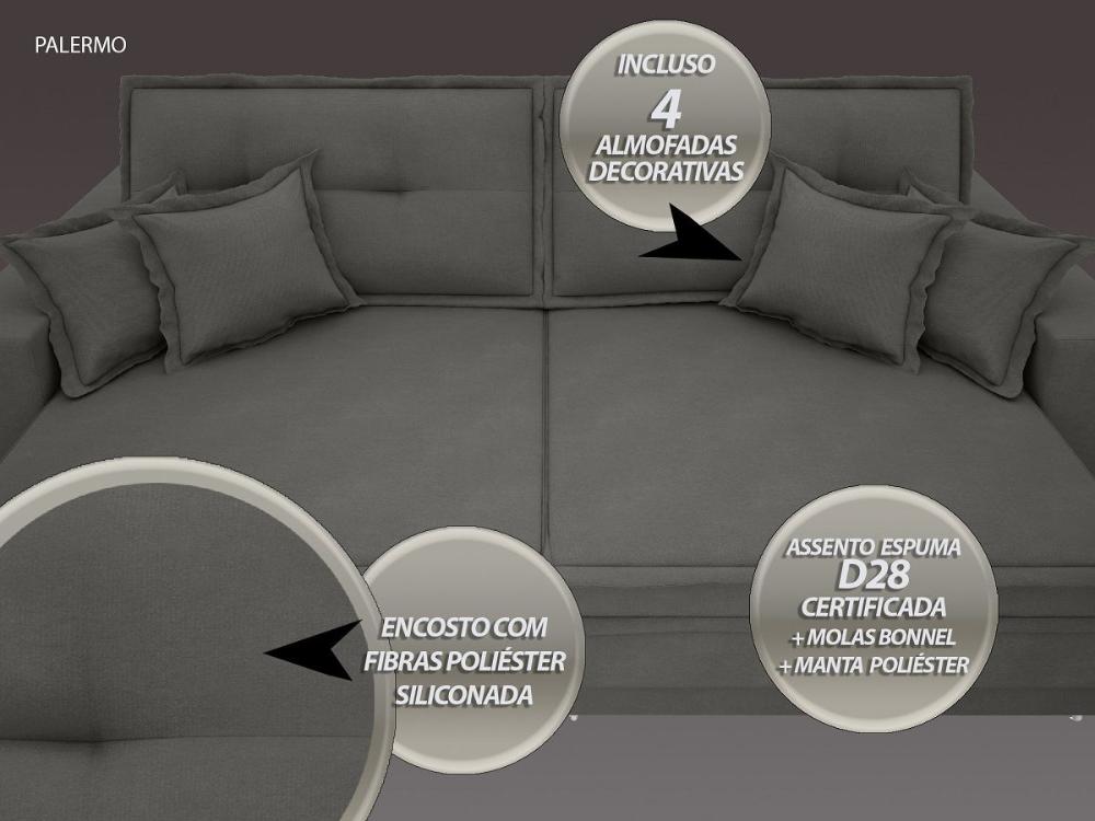Sofá Palermo 2,40m Retrátil e Reclinável Velosuede Cinza - NETSOFAS 