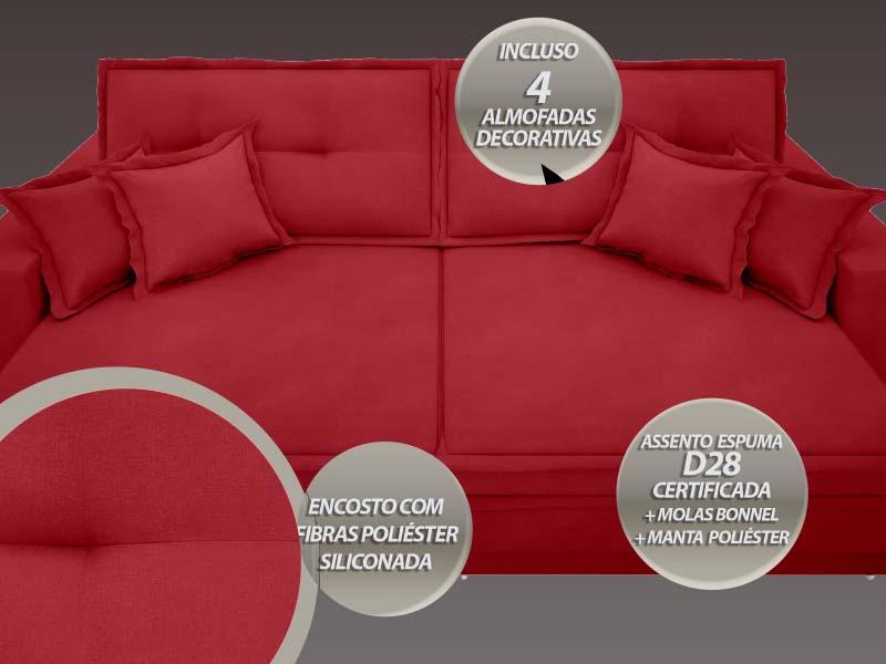 Sofá Palermo 2,80m Assento Retrátil e Reclinável Velosuede Vermelho - NETSOFAS