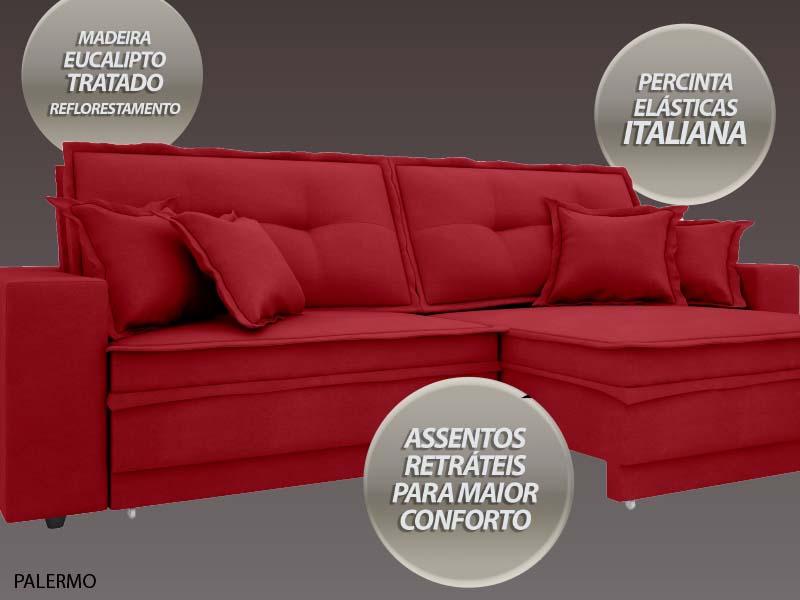 Sofá Palermo 2,80m Assento Retrátil e Reclinável Velosuede Vermelho - NETSOFAS