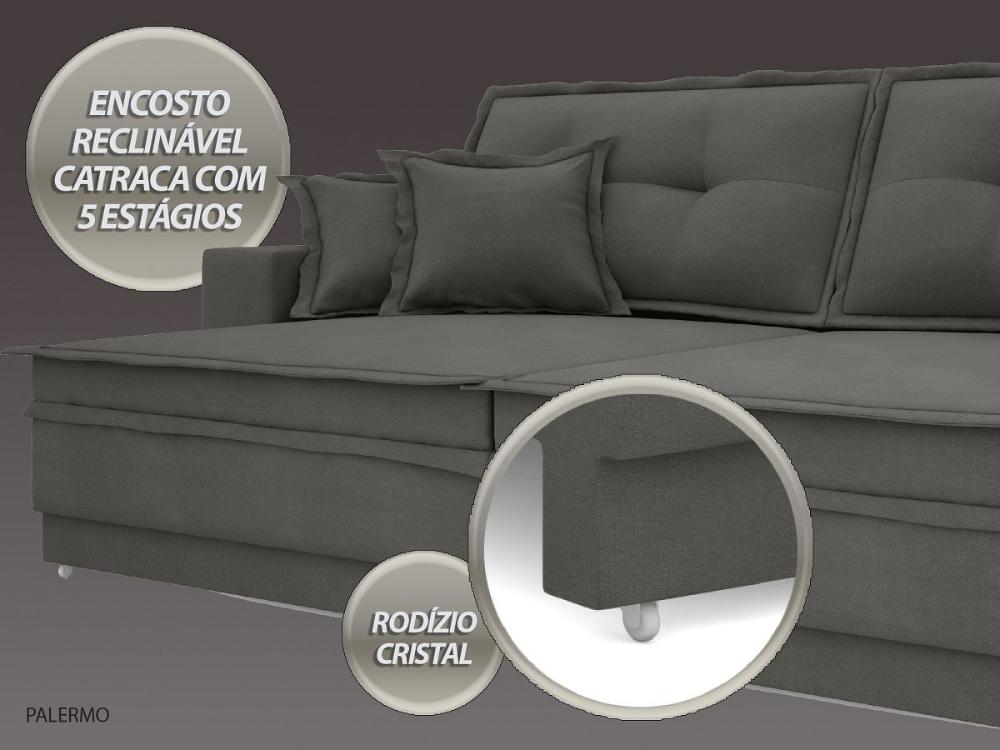 Sofá Palermo 2,80m Retrátil e Reclinável Velosuede Cinza - NETSOFAS 