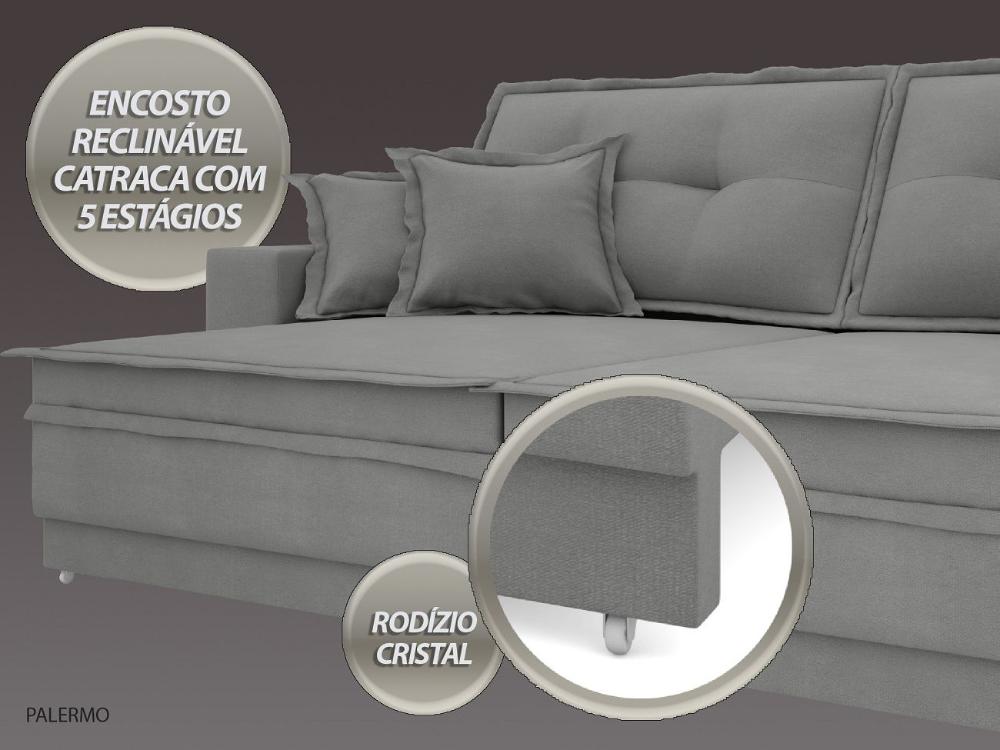 Sofá Palermo 2,80m Retrátil e Reclinável Velosuede Grafite - NETSOFAS 