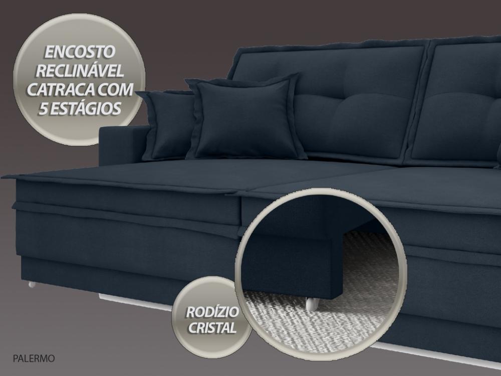 Sofá Palermo 2,80m Retrátil e Reclinável Velosuede Petroleo - NETSOFAS 