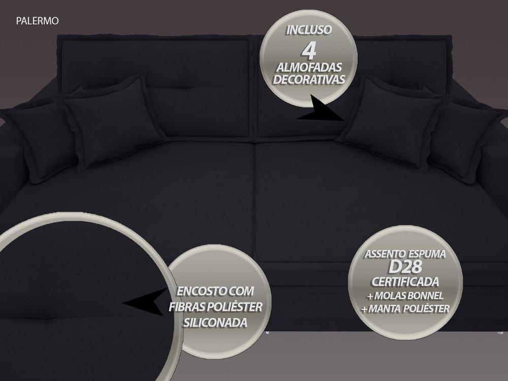 Sofá Palermo 2,80m Retrátil e Reclinável Velosuede Preto - NETSOFAS 