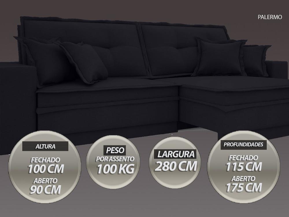 Sofá Palermo 2,80m Retrátil e Reclinável Velosuede Preto - NETSOFAS 