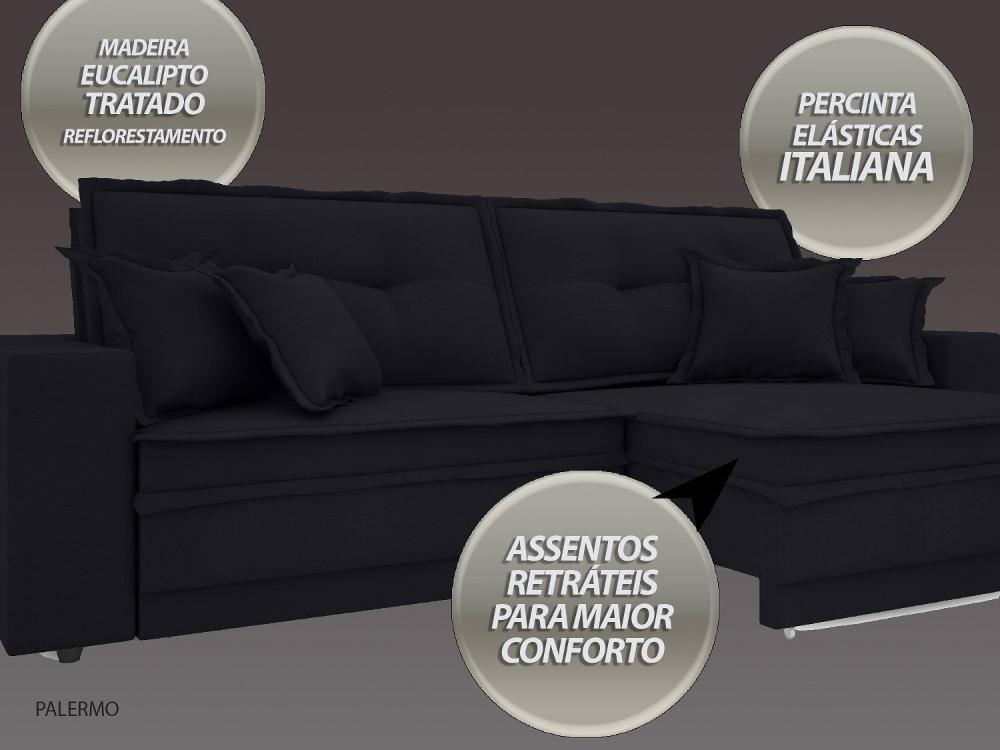 Sofá Palermo 2,80m Retrátil e Reclinável Velosuede Preto - NETSOFAS 