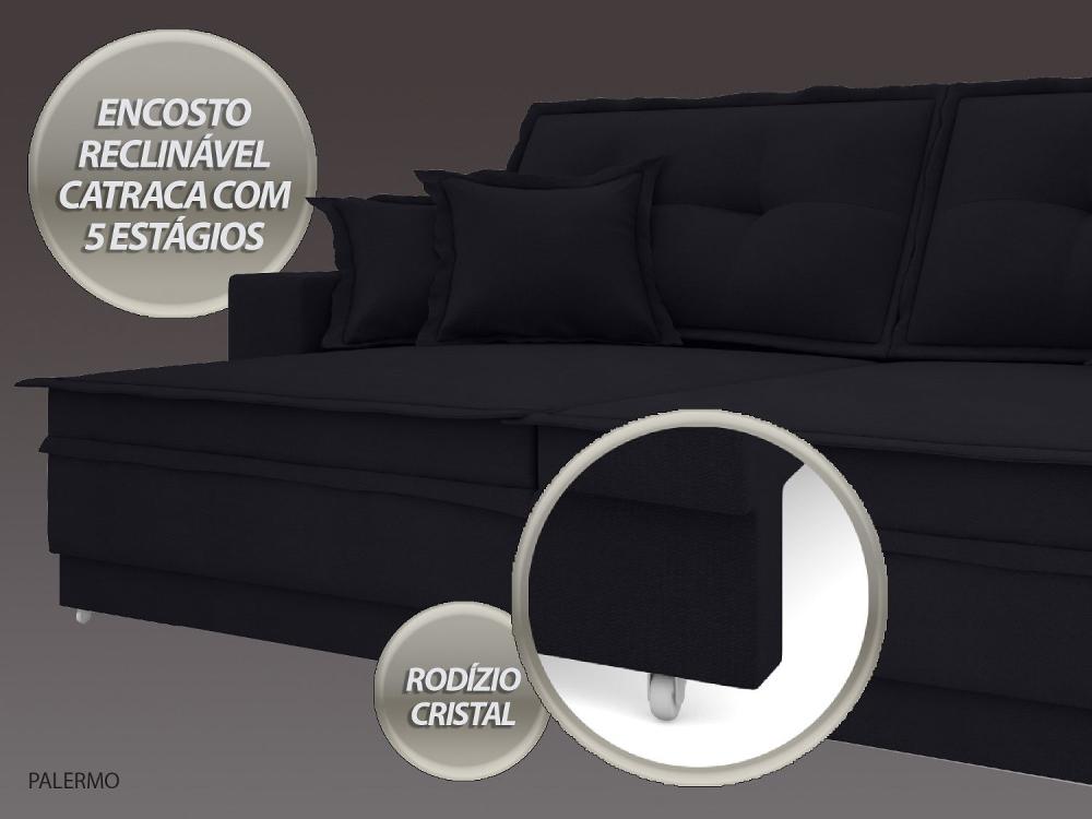 Sofá Palermo 2,80m Retrátil e Reclinável Velosuede Preto - NETSOFAS 