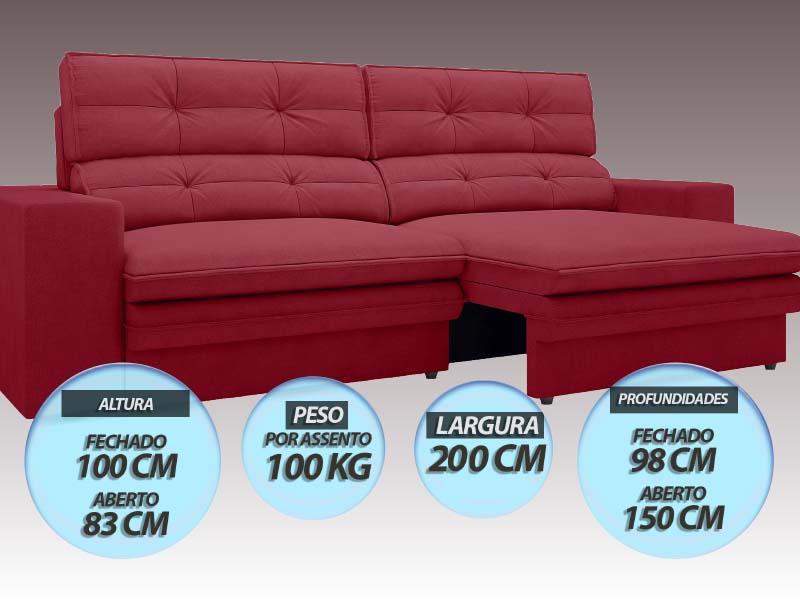 Sofá Pegasus 2,00m Assento Retrátil e Reclinável Velosuede Vermelho - NETSOFAS