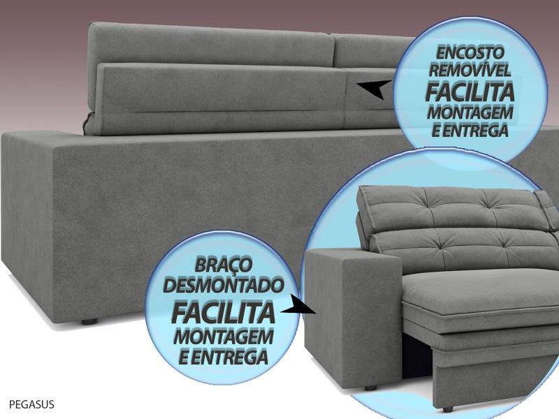 Sofá Pegasus 2,50m Assento Retrátil e Reclinável Velosuede Grafite - NETSOFAS
