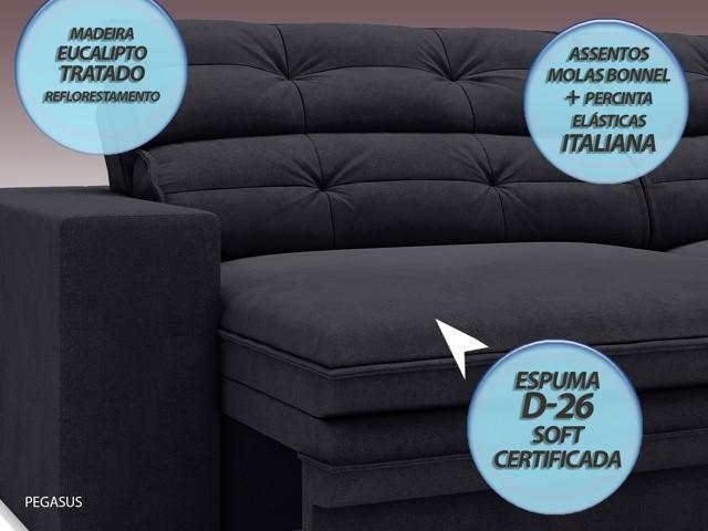 Sofá Pegasus 2,50m Assento Retrátil e Reclinável Velosuede Preto - NETSOFAS
