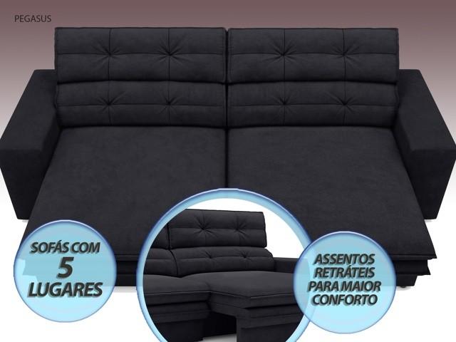 Sofá Pegasus 2,50m Assento Retrátil e Reclinável Velosuede Preto - NETSOFAS