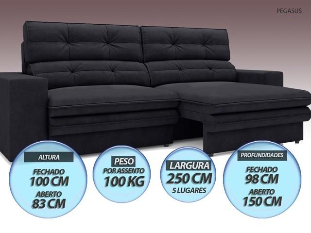 Sofá Pegasus 2,50m Assento Retrátil e Reclinável Velosuede Preto - NETSOFAS