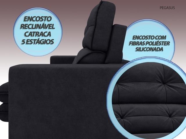 Sofá Pegasus 2,50m Assento Retrátil e Reclinável Velosuede Preto - NETSOFAS