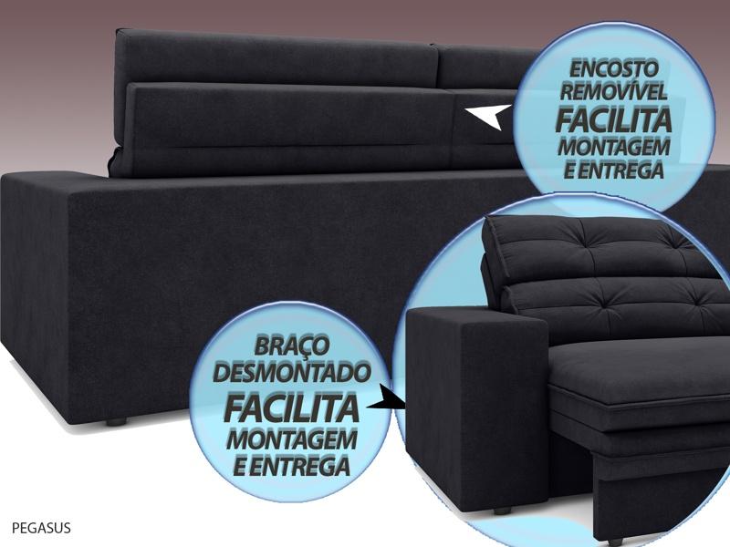 Sofá Pegasus 2,50m Assento Retrátil e Reclinável Velosuede Preto - NETSOFAS