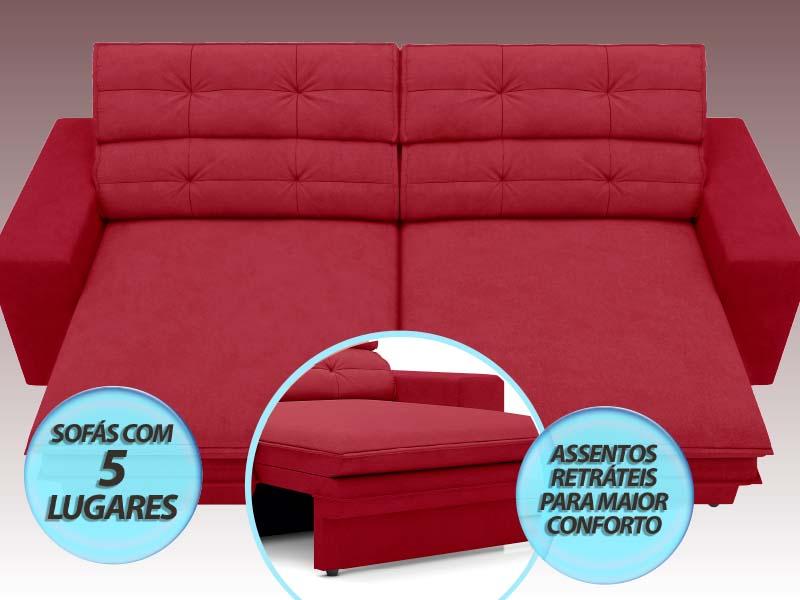 Sofá Pegasus 2,50m Assento Retrátil e Reclinável Velosuede Vermelho - NETSOFAS