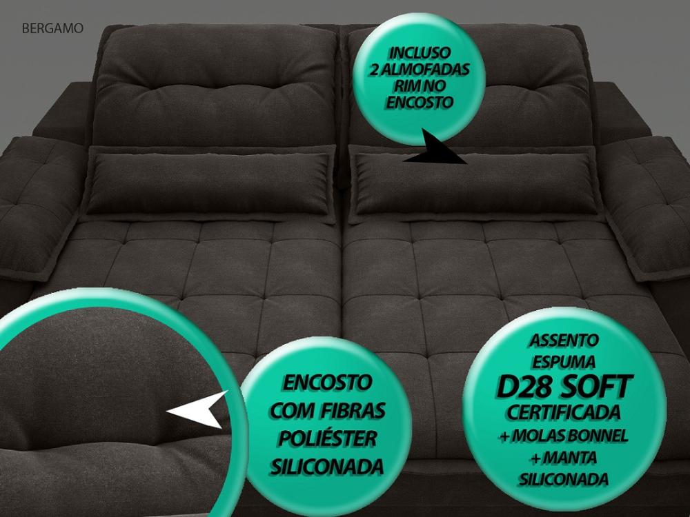 Sofa Bergamo 2,50m Assento Retratil e Reclinavel Velosuede Chocolate - NETSOFAS