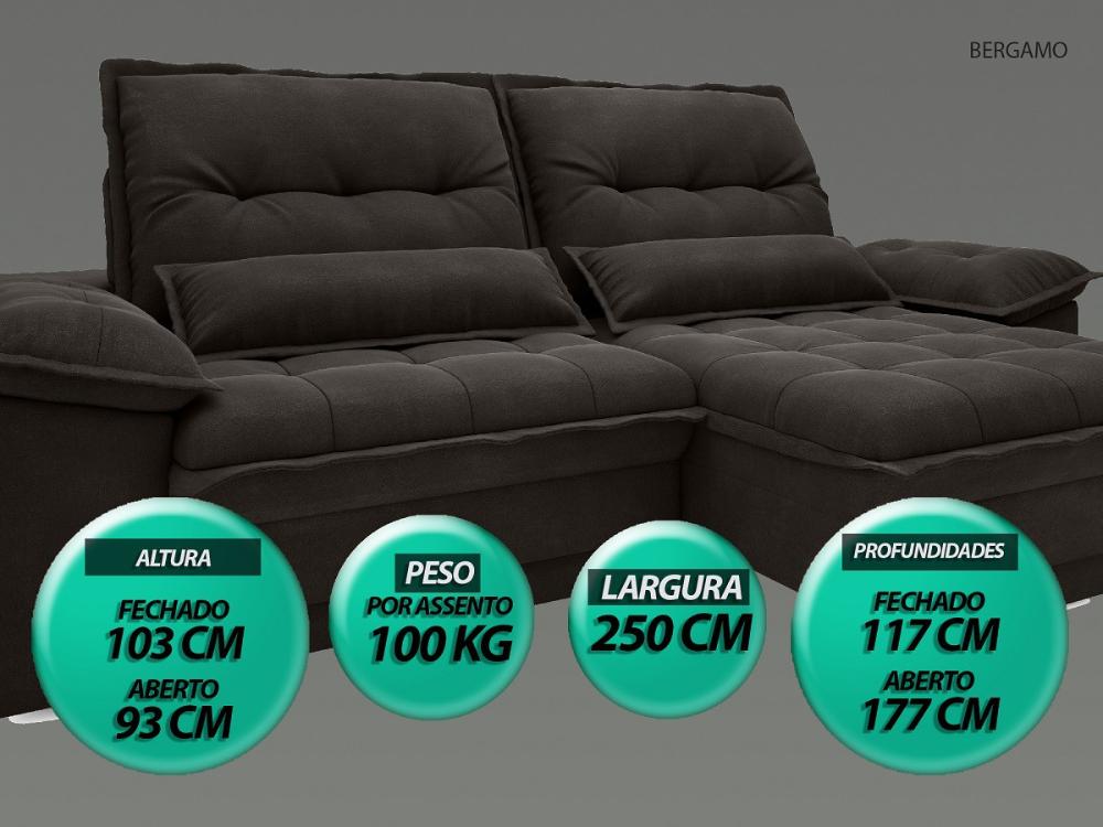 Sofa Bergamo 2,50m Assento Retratil e Reclinavel Velosuede Chocolate - NETSOFAS