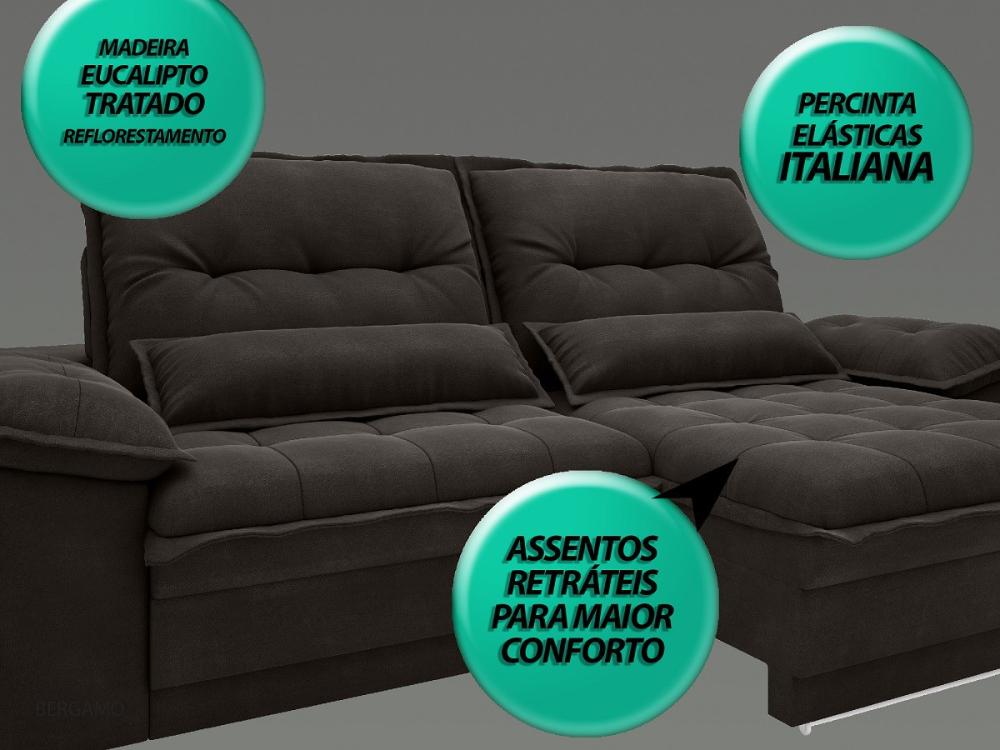 Sofa Bergamo 2,50m Assento Retratil e Reclinavel Velosuede Chocolate - NETSOFAS