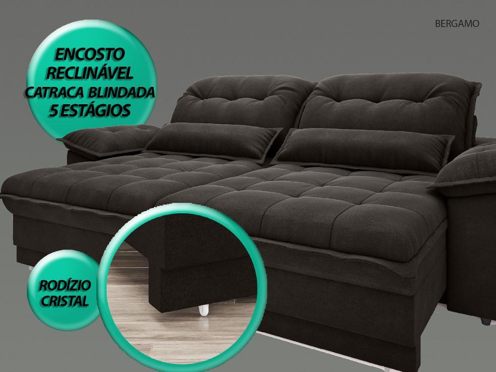 Sofa Bergamo 2,50m Assento Retratil e Reclinavel Velosuede Chocolate - NETSOFAS