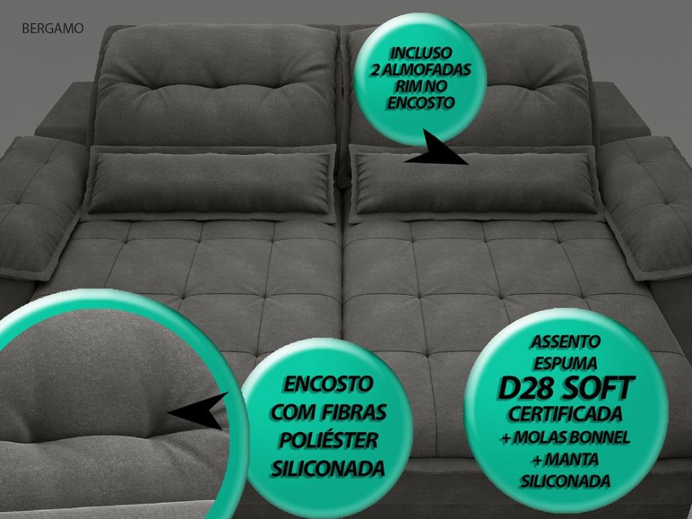 Sofa Bergamo 2,50m Assento Retratil e Reclinavel Velosuede Cinza - NETSOFAS