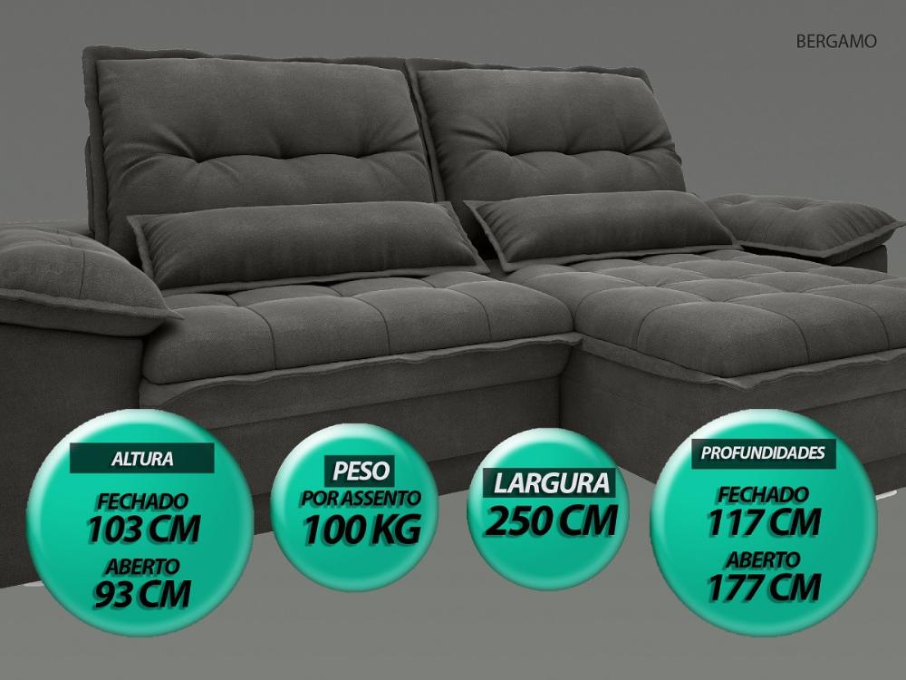 Sofa Bergamo 2,50m Assento Retratil e Reclinavel Velosuede Cinza - NETSOFAS