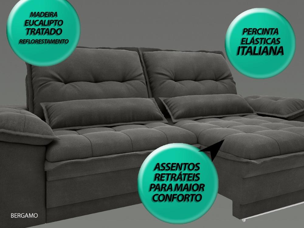 Sofa Bergamo 2,50m Assento Retratil e Reclinavel Velosuede Cinza - NETSOFAS
