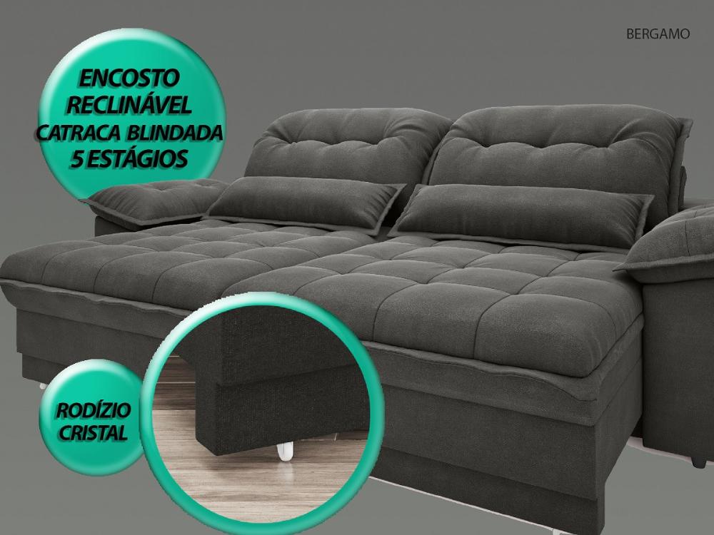 Sofa Bergamo 2,50m Assento Retratil e Reclinavel Velosuede Cinza - NETSOFAS
