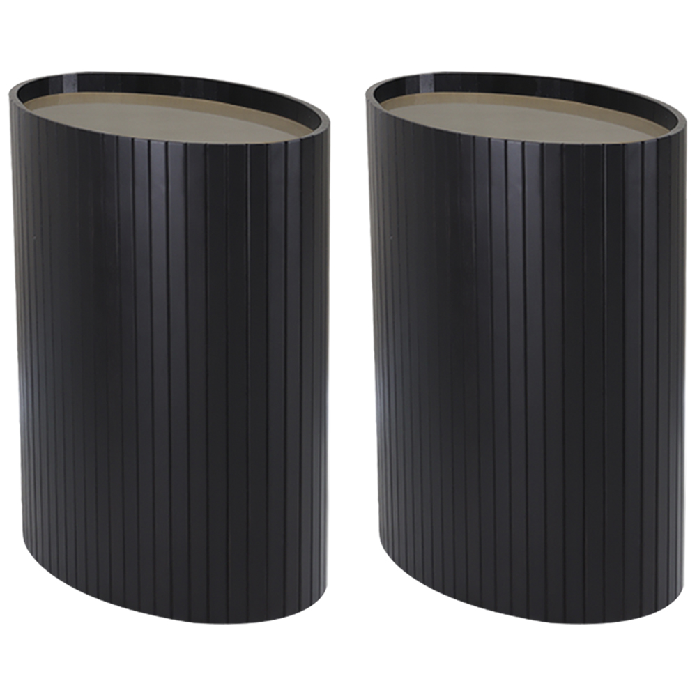 Kit 2 Mesa Apoio Lateral Oval Tampo Vidro Glow Madeira Ebano Preto Nacc