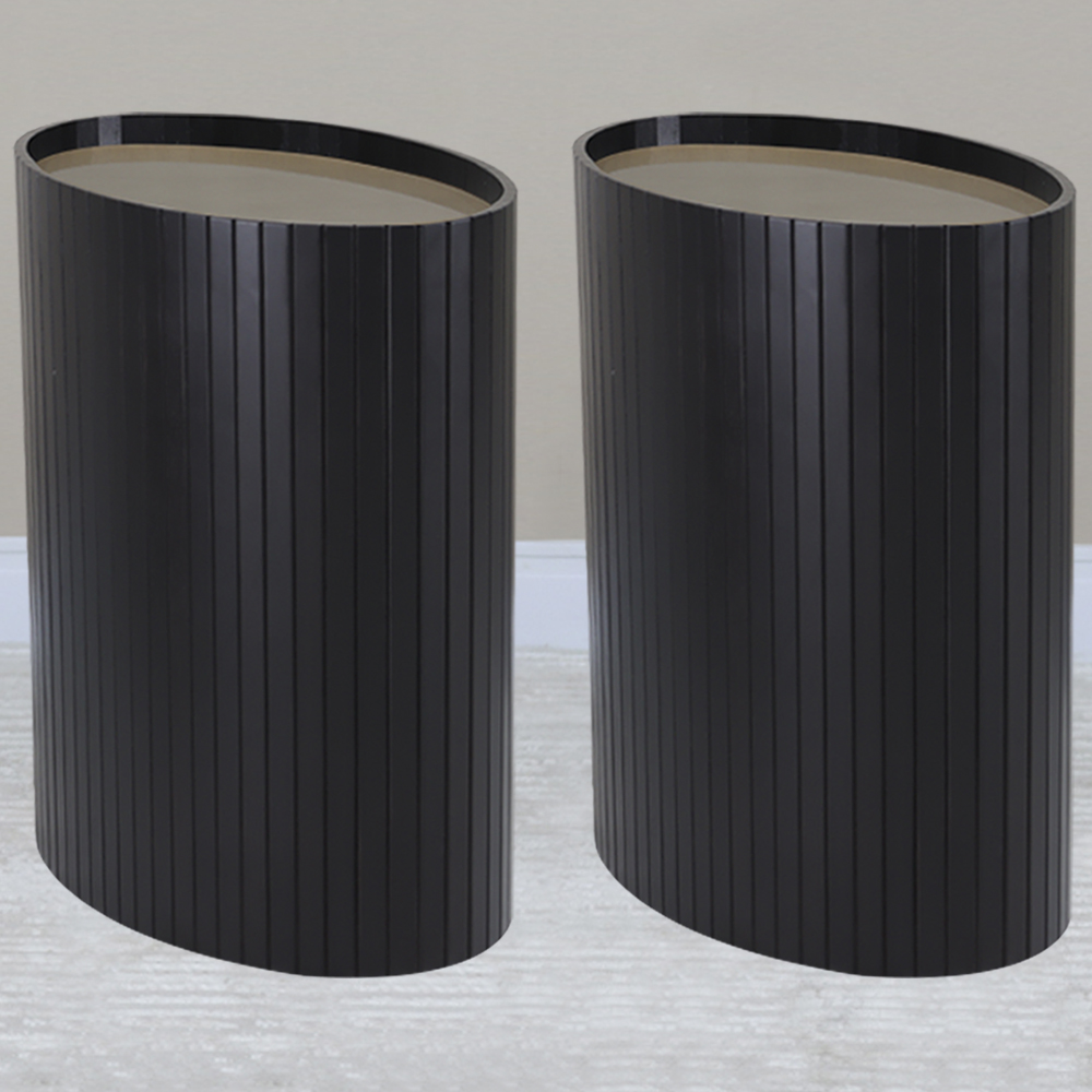 Kit 2 Mesa Apoio Lateral Oval Tampo Vidro Glow Madeira Ebano Preto Nacc