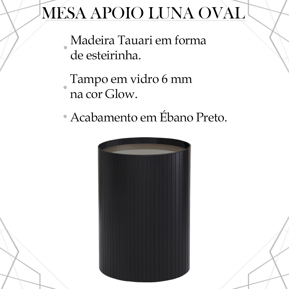 Kit 2 Mesa Apoio Lateral Oval Tampo Vidro Glow Madeira Ebano Preto Nacc