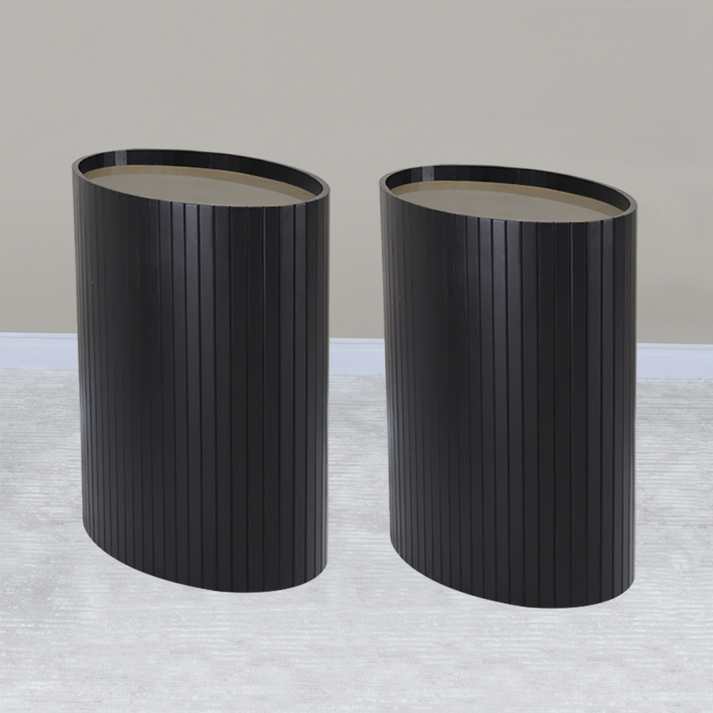 Kit 2 Mesa Apoio Lateral Oval Tampo Vidro Glow Madeira Ebano Preto Nacc