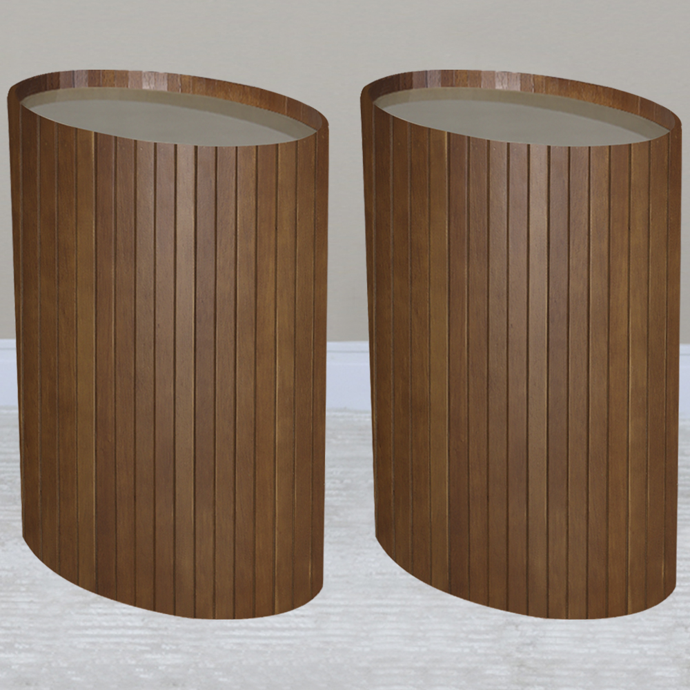 Kit 2 Mesa Apoio Lateral Oval Tampo Vidro Glow Madeira Pinhao Nacc