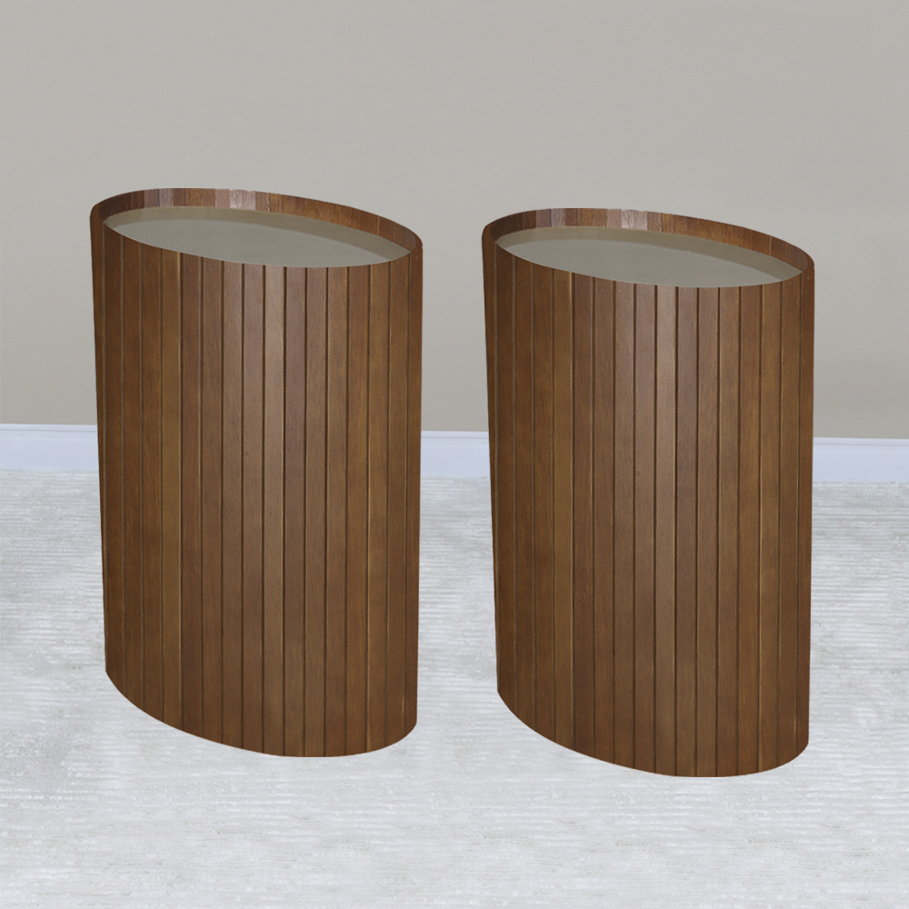 Kit 2 Mesa Apoio Lateral Oval Tampo Vidro Glow Madeira Pinhao Nacc