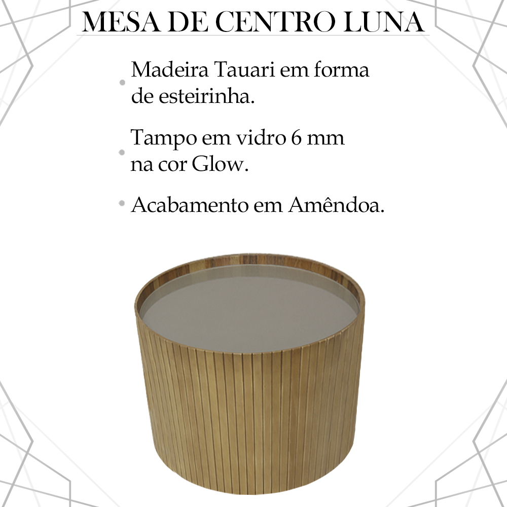 Kit 2 Mesa De Centro Redonda Tampo Vidro Glow Madeira Amendoa Nacc