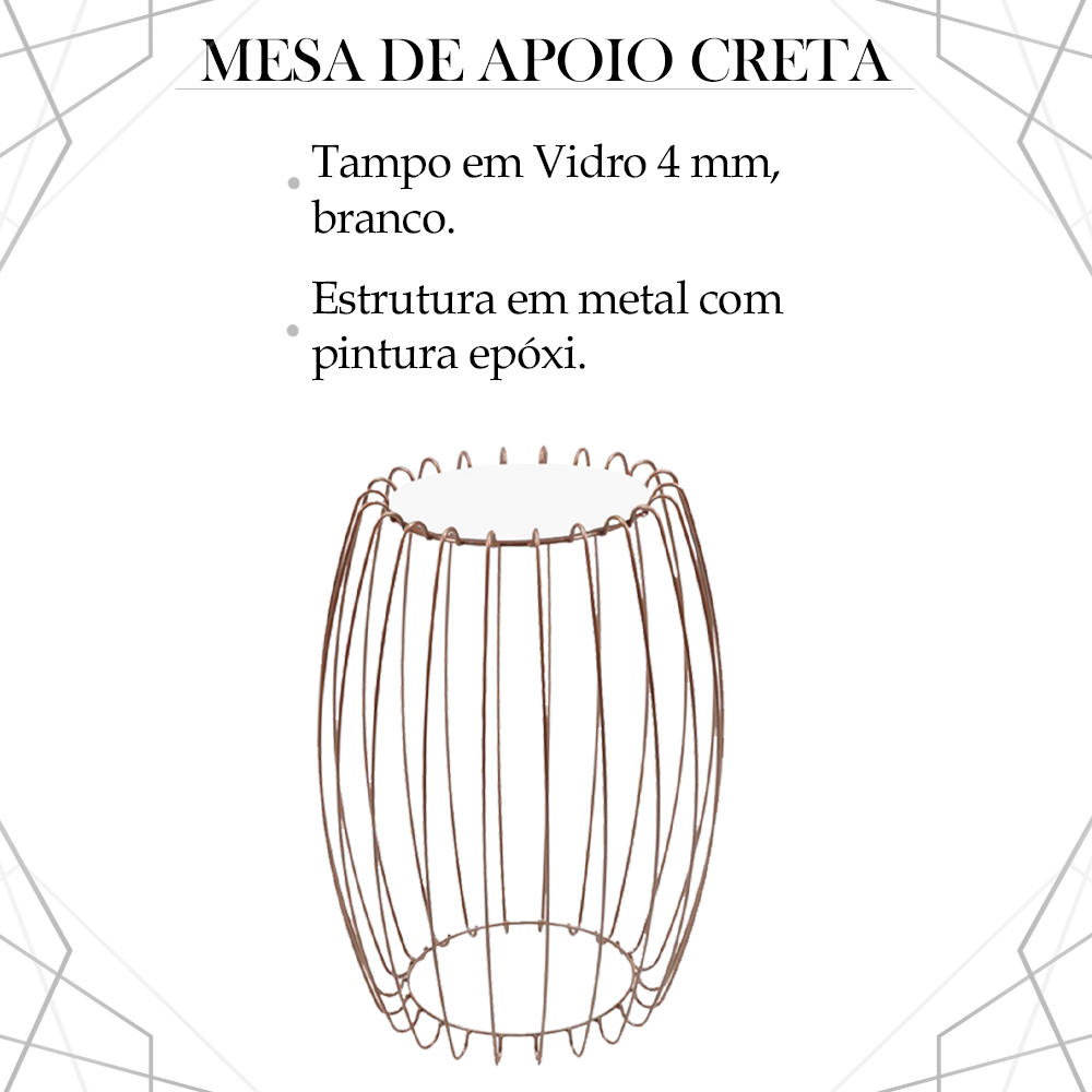 Kit Mesa Apoio Lateral 43 cm Tampo Vidro Branco Base Metal Cobre Nacc