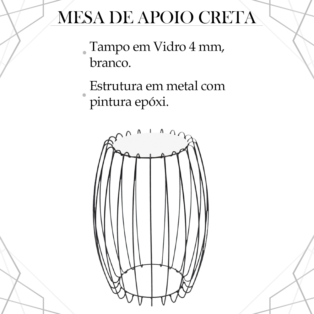Kit Mesa Apoio Lateral 43 cm Tampo Vidro Branco Base Metal Preto Nacc