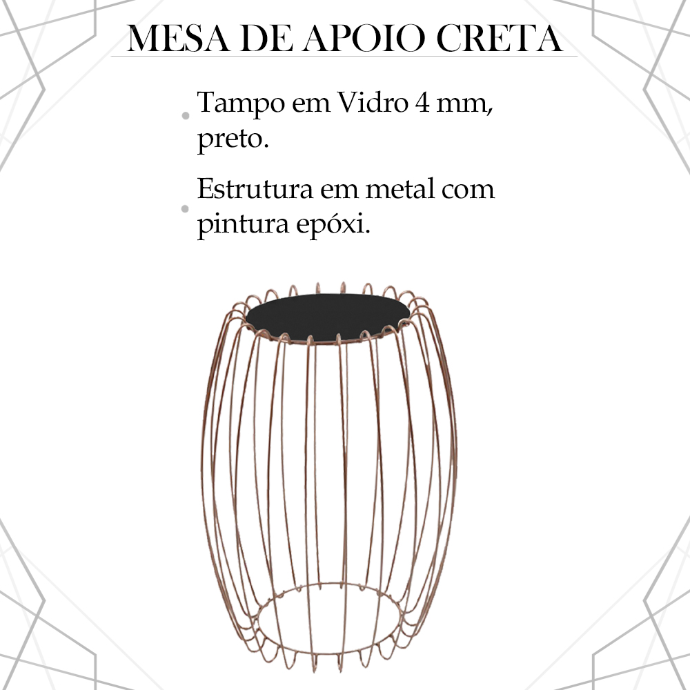 Kit Mesa Apoio Lateral 43 cm Tampo Vidro Preto Base Metal Cobre Nacc