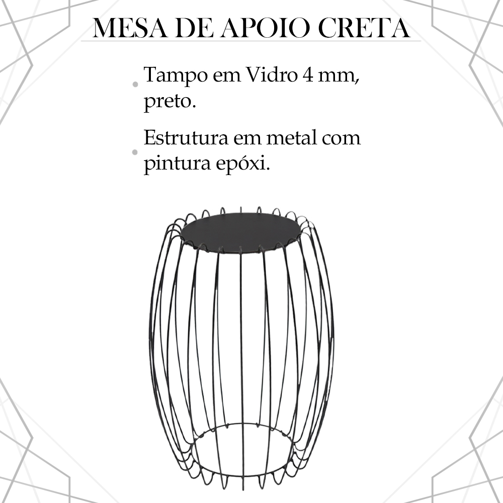 Kit Mesa Apoio Lateral 43 cm Tampo Vidro Preto Base Metal Preto Nacc