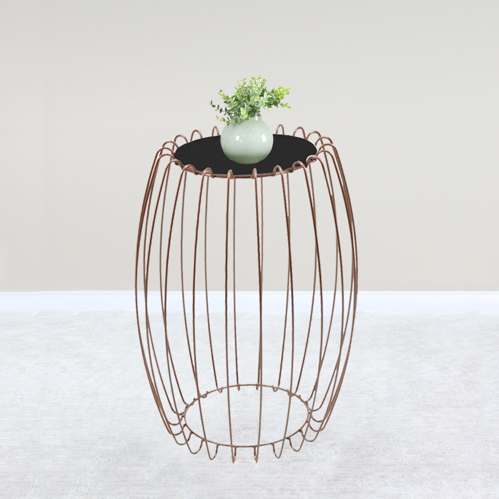 Mesa Apoio Lateral 43 cm Tampo Vidro Preto Base Metal Cobre Nacc