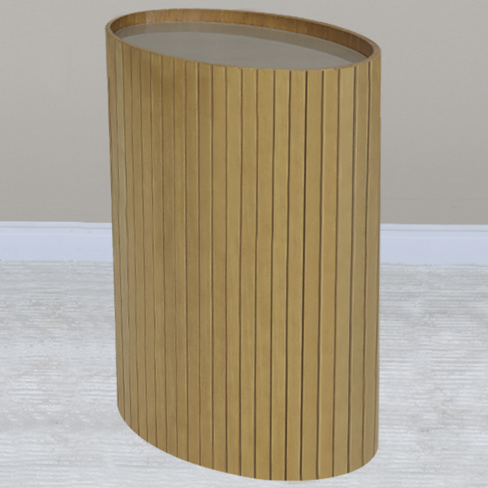 Mesa De Apoio Lateral Oval Tampo Vidro Glow Madeira Amendoa Nacc