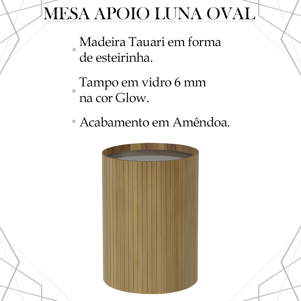 Mesa De Apoio Lateral Oval Tampo Vidro Glow Madeira Amendoa Nacc