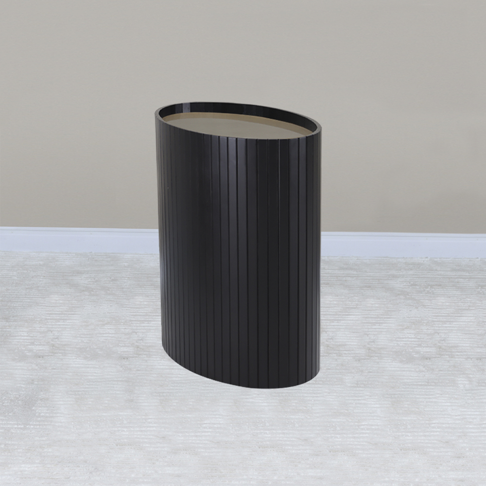 Mesa De Apoio Lateral Oval Tampo Vidro Glow Madeira Ebano Preto Nacc