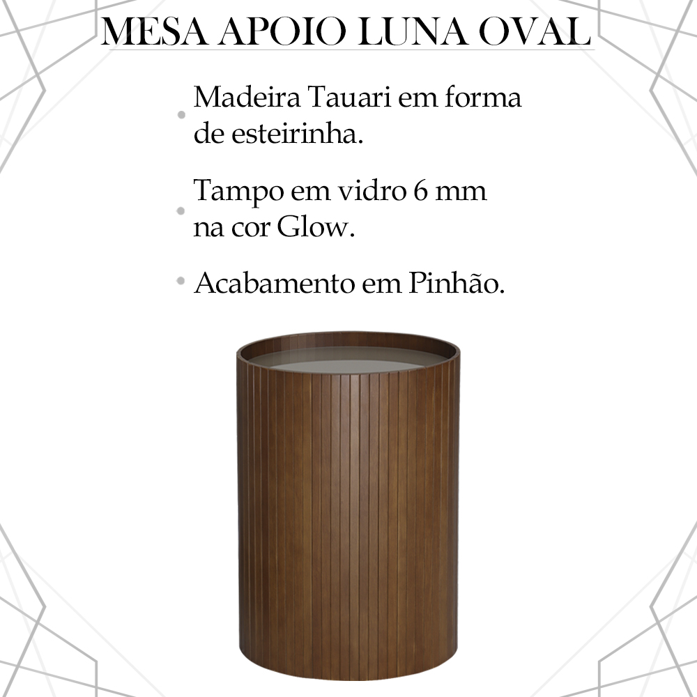 Mesa De Apoio Lateral Oval Tampo Vidro Glow Madeira Pinhao Nacc