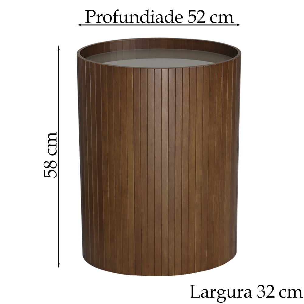 Mesa De Apoio Lateral Oval Tampo Vidro Glow Madeira Pinhao Nacc