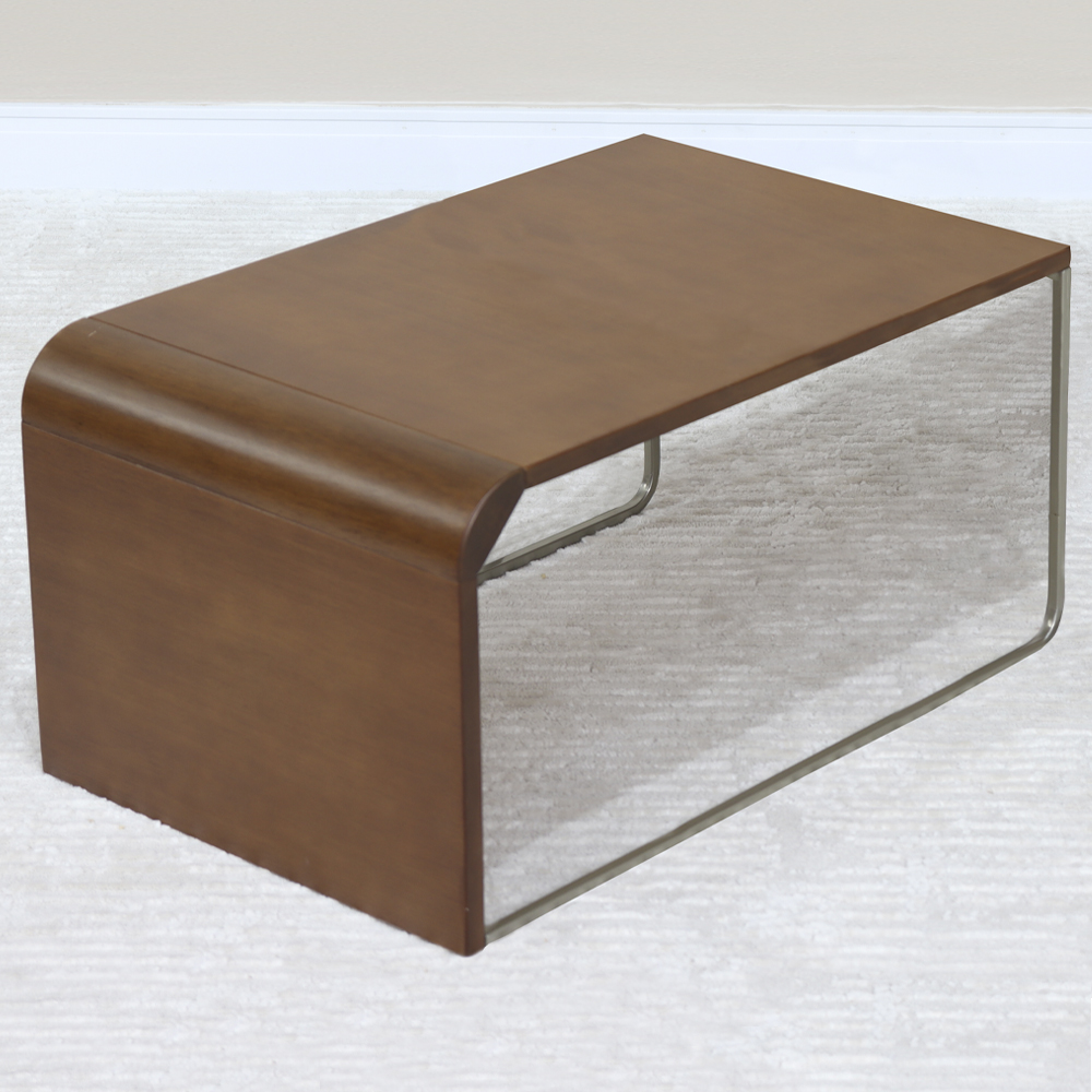 Mesa De Centro Baixa Madeira Pinhao Base Metal Niquel Nacc