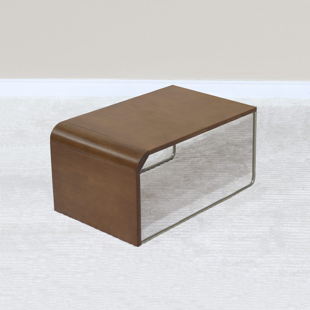 Mesa De Centro Baixa Madeira Pinhao Base Metal Niquel Nacc