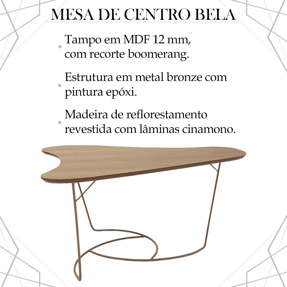 Mesa De Centro Boomerang Madeira Amendoa Base Metal Cobre Nacc