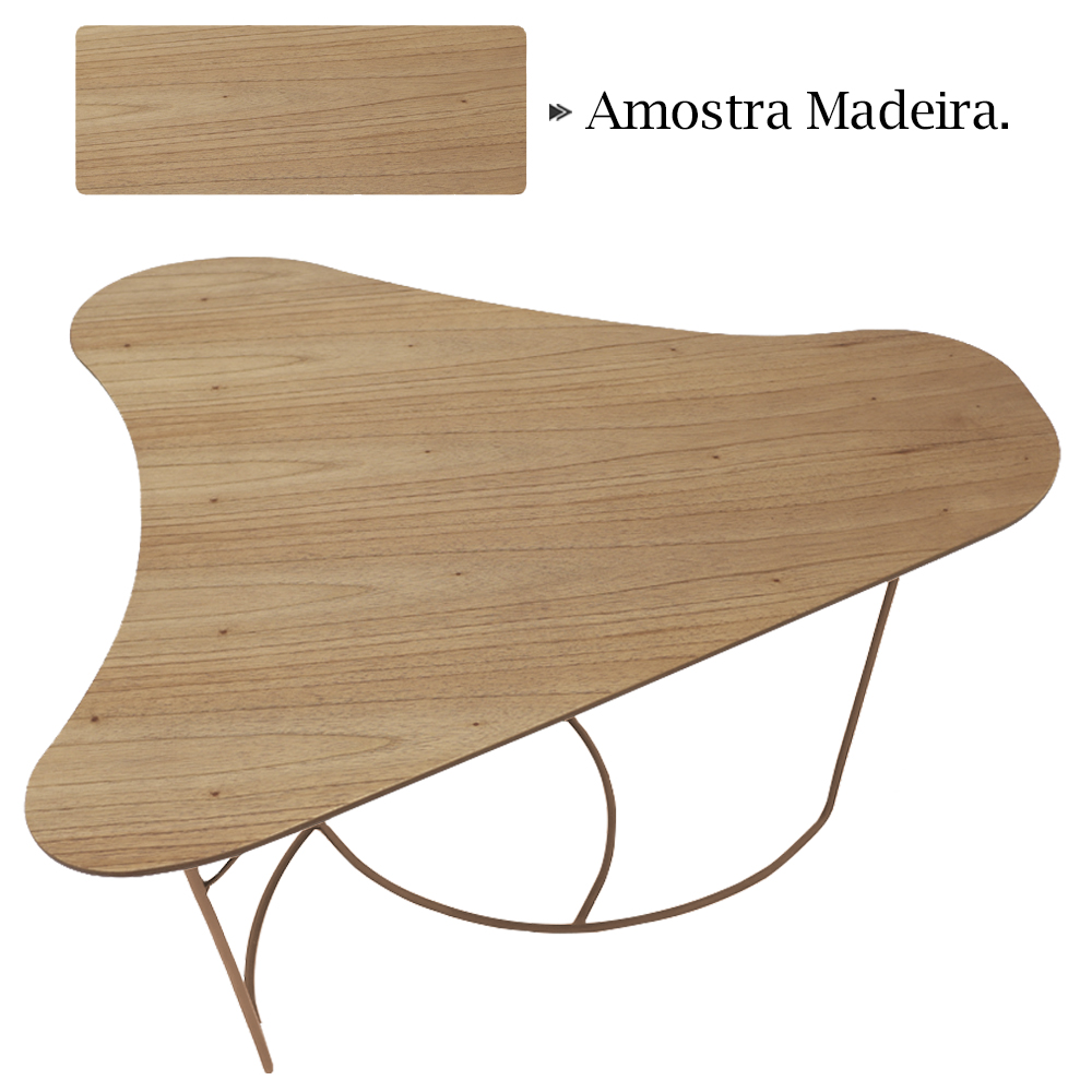 Mesa De Centro Boomerang Madeira Amendoa Base Metal Cobre Nacc